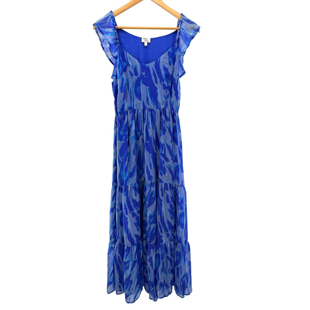 Dizzy Lizzy‎ Blue Abstract Print Tiered Maxi Dress Flutter Sleeve Small Smocked